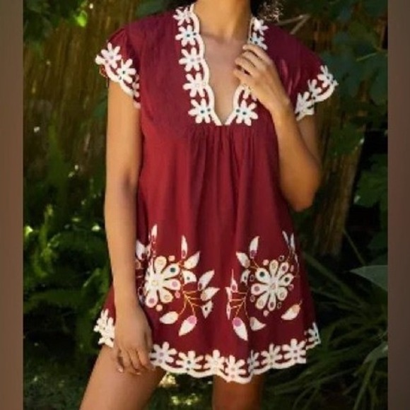 By Anthropologie Pintuck Embroidered Mini Dress Red Size‎ S - Picture 10 of 11